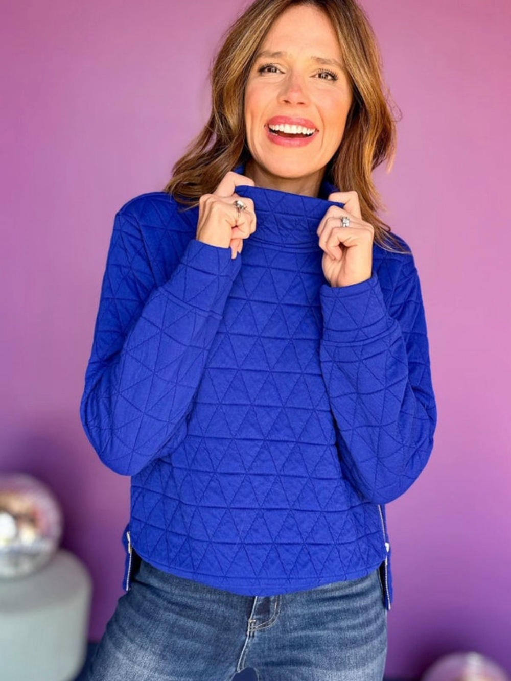 SSYS Quilted Mock Neck Pullover Sweatshirt - Cobalt Blue